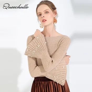 

Queechalle 2020 Autumn Winter Thick Pullover Sweater Women Pearls Applique Flare Sleeve Knitted Pullovers Female Tops Jumper