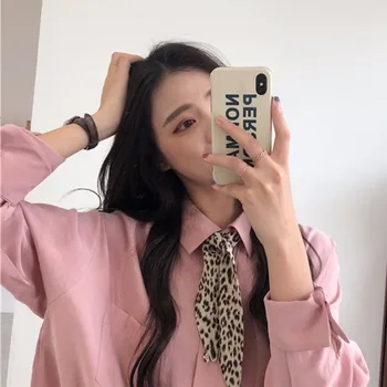 

Lychee Girls Leopard Tie Pocket Blouses Female Long Sleeve Turn Down Collar Shirts Spring Autumn Casual Women Blouse Shirts