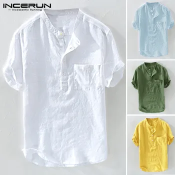 

2020 Casual Men Shirt Stand Collar Button Solid Loose Cotton Blouse Summer Short Sleeve Vintage Shirts Camisa Harajuku INCERUN