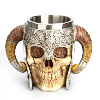 

Stainless Steel Mug Skull Viking Beer Coffee Drinking Cup Christmas Mug Ram Horned Pit Lord Warrior Halloween Bar Drinkware Gift