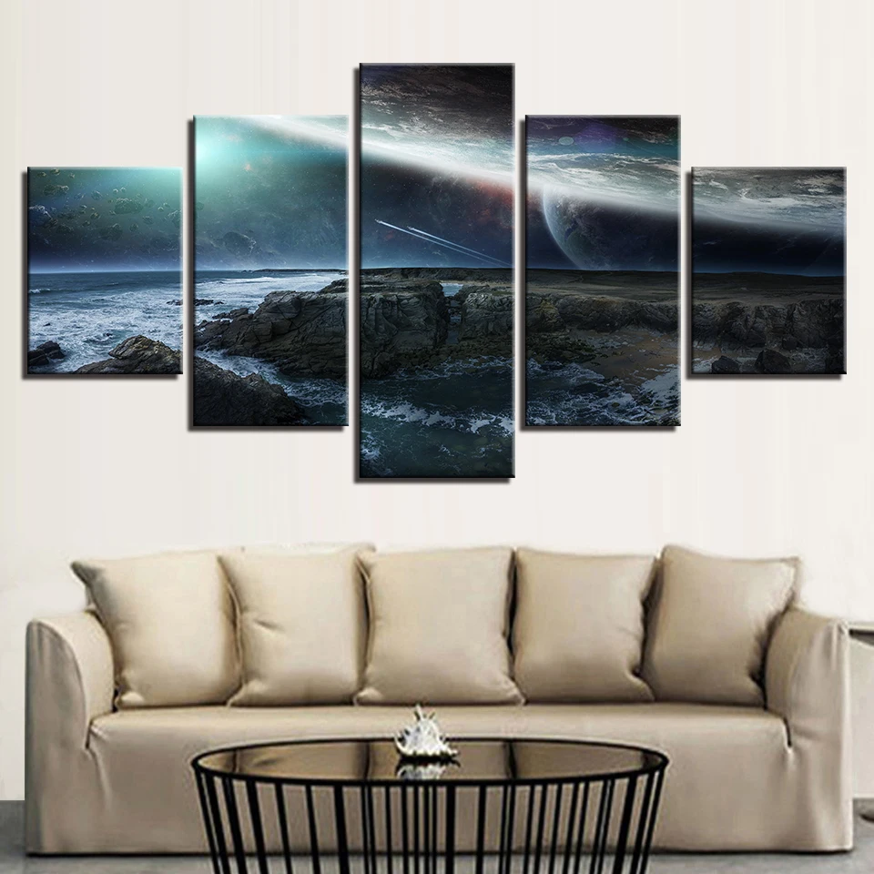 

Printing Abstract Poster Modular Canvas Picture 5 Pieces Reef Stone Sea Water And Planet Night View Painting Art Room Wall Decor
