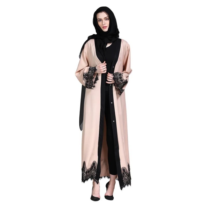 

Fashion Lace Patchwork Apricot Cardigan Islamic Clothing 2019Female Dubai Abaya Muslim Abaya Kimono Prayer Service Clothing