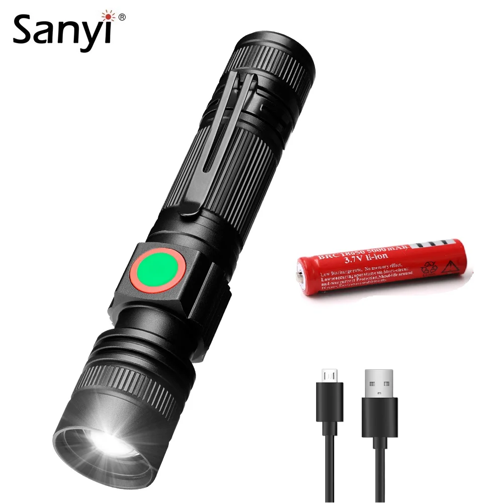 Светодиодный тактический фонарик Sanyi XML T6 ручной фонарь с USB зарядкой 3 режима для