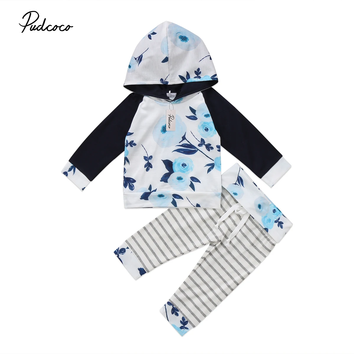 Комплект одежды для новорожденных девочек, хлопковый топ с капюшоном и длинными рукавами и цветочным принтом + штаны, Теплая одежда