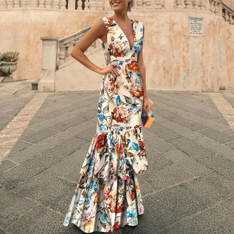 

​Ladies Women dresses Elegant Sleeveless V-neck ruched ruffles print Floral sleeveless Sleeve slim long maxi Dress vestido
