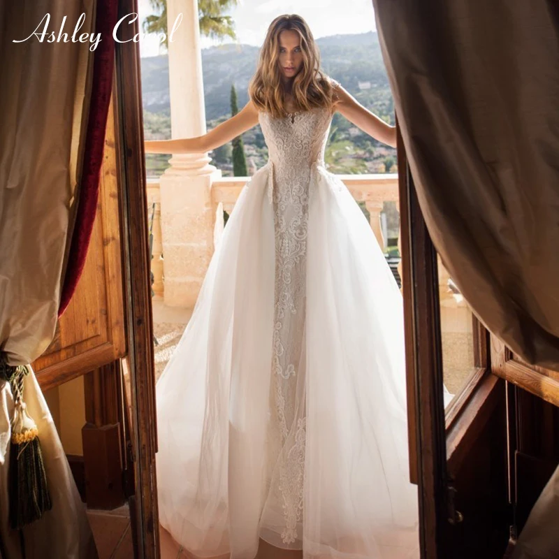 

Ashley Carol Vintage Mermaid Wedding Dress Scoop Off the Shoulder 2 In 1 Detachable Train Backless Bridal Gown Vestido de Noiva