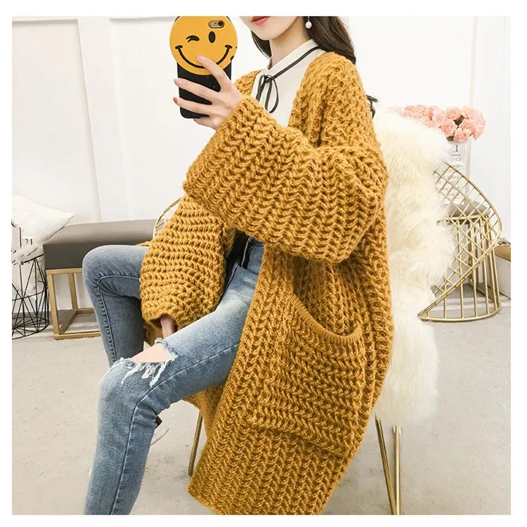 

2019 Women Casual Solid Thick Long Cardigan Autumn Winter Flare Sleeved Pocket Knitted Sweaters Loose Coarse Line Long Coats