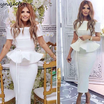 

YNQNFS E12 Elegant Off Shoulder Tea Length Satin Off White Party Gown Robe Cocktail Dresses Lotus leaf pendulum decoration