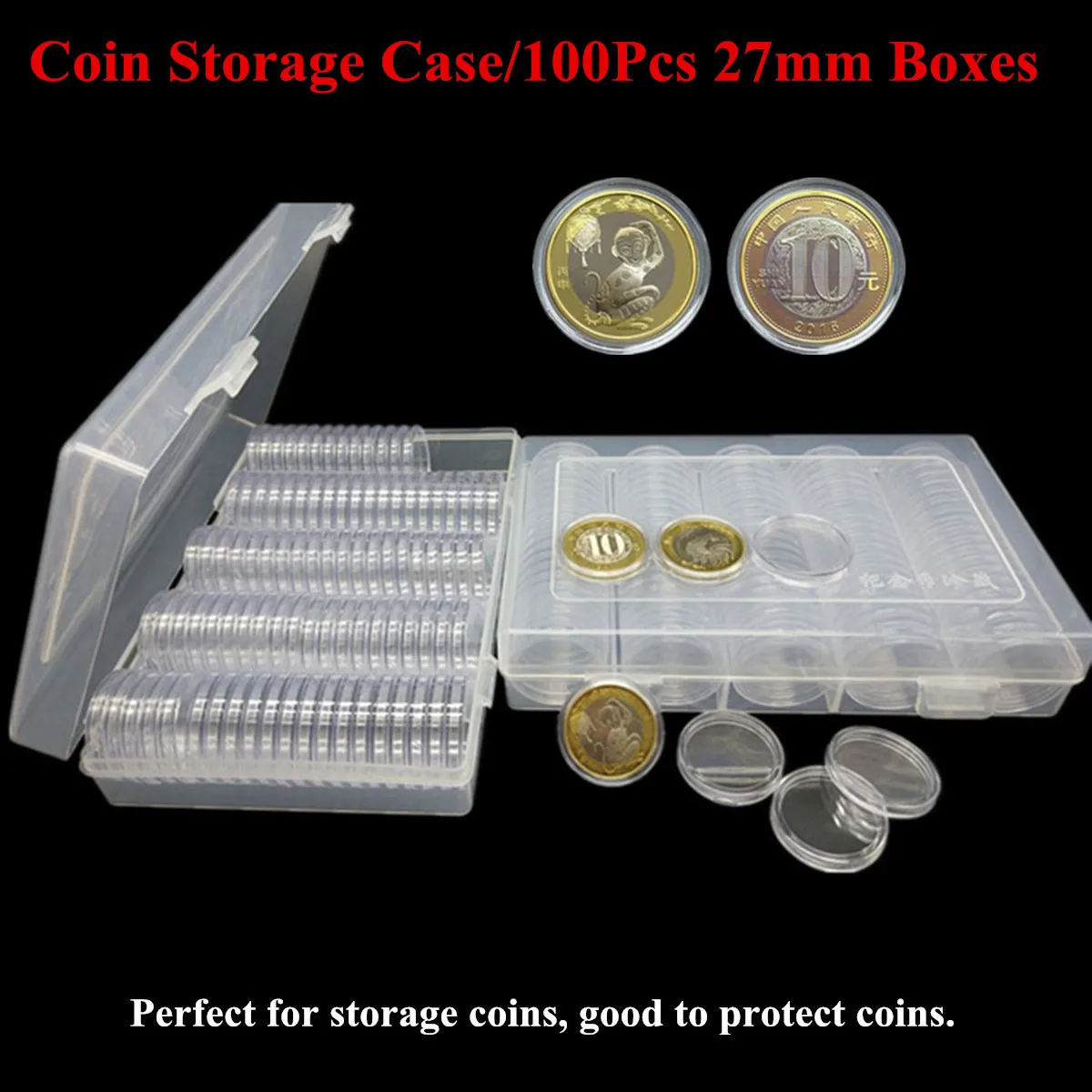 

100PCS 27mm Coin Cases Capsules Holder Applied Clear Portable Round Storage Box PS Material Clear Transparent Scratch Resistance