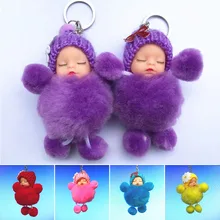 Adorable Sleeping Baby Bowtie Fluffy Pompom Fur Plush Doll Keychain Key Ring Toy