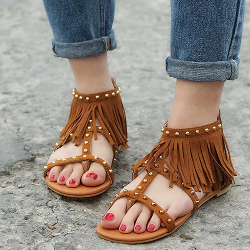 

Summer Sandals Women Shoes Rivet Fringe Flat Sandals Beach Chaussures Femme Sandalias 2019