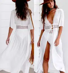 Стильные Новые женские летние Cover up длинное платье Белый платья длиной до лодыжки Hollowed Лидер продаж