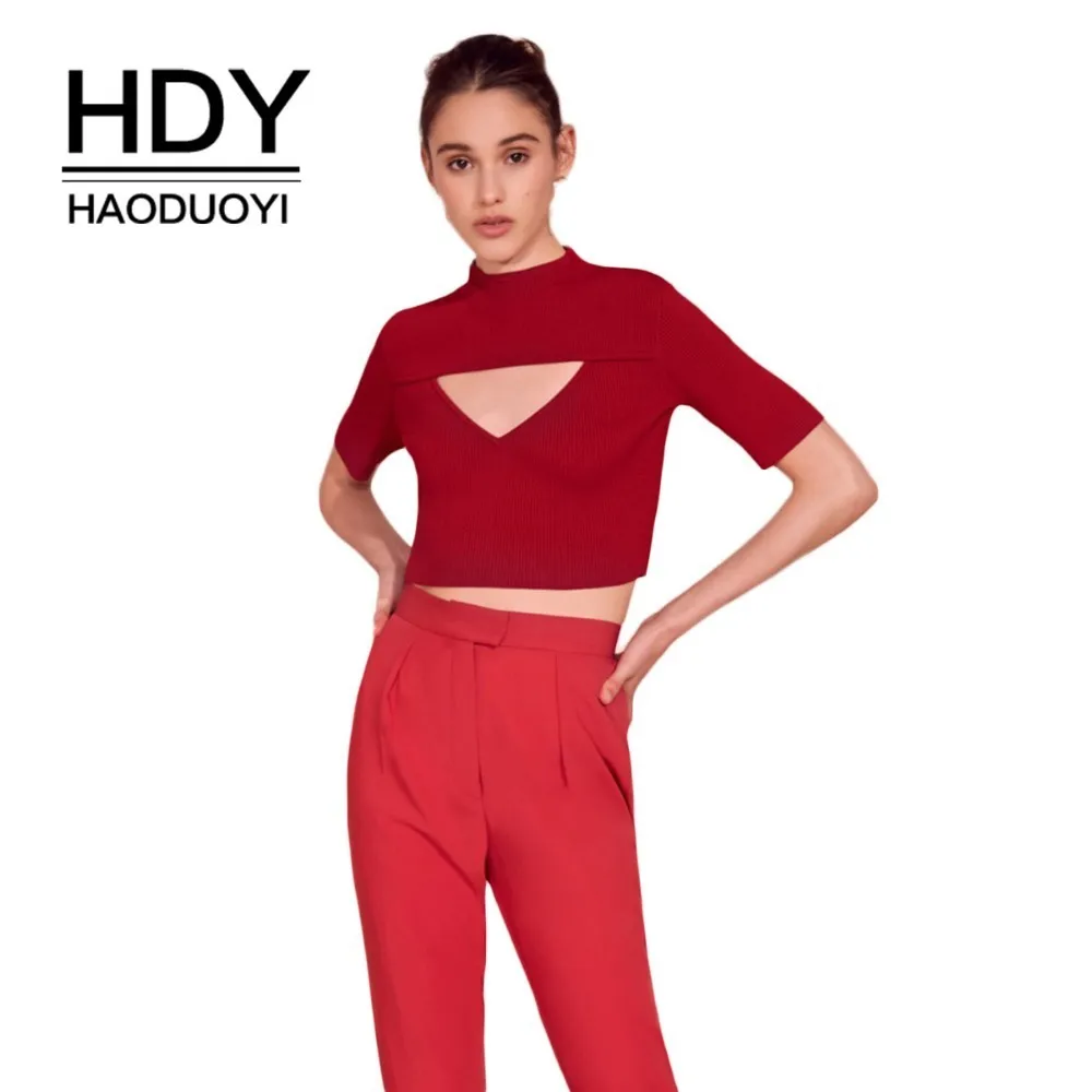 HDY Haoduoyi Sweet Academic Style Street Breeze Chest Triangle Hollowing Out Knitting Sweater Red Color New Arrival Sexy Tops