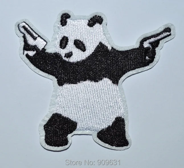 

PANDA BEAR wielding pistols guns EMBROIDERED IRON ON PATCH 3697 banksy