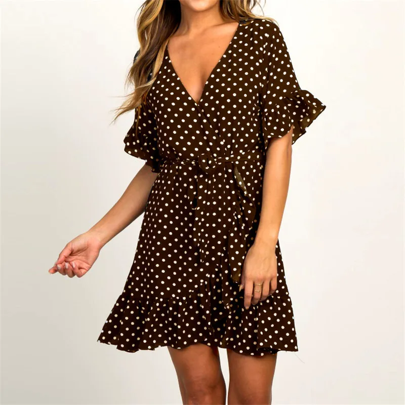 

2019 Summer Dress Women Polka Dot Mini Chiffon Dresses Beach Boho Sundress Ruffles Short Sleeve Casual Party Dress Femme