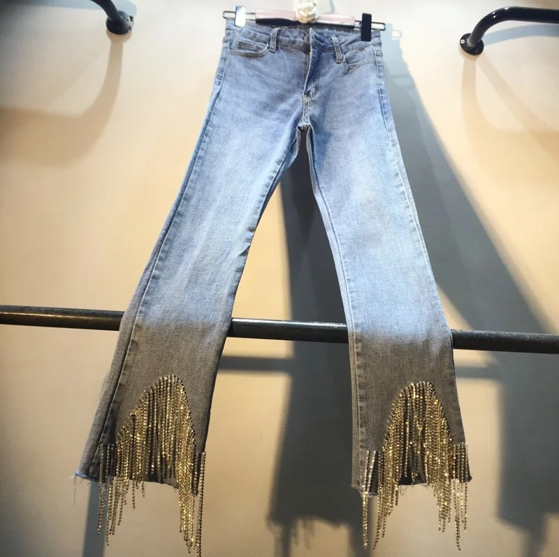 

[EWQ] 2019 Spring Summer New Pattern Denim Patchwork Tassel Splice Joint Pockets High Waist Light Wash Ankle Length Pants AE728