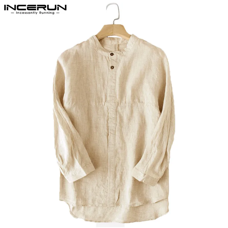  Vintage Men's Shirt Stand Collar 3/4 Sleeve Button Cotton Linen Solid Color Blouse Chinese Style Le