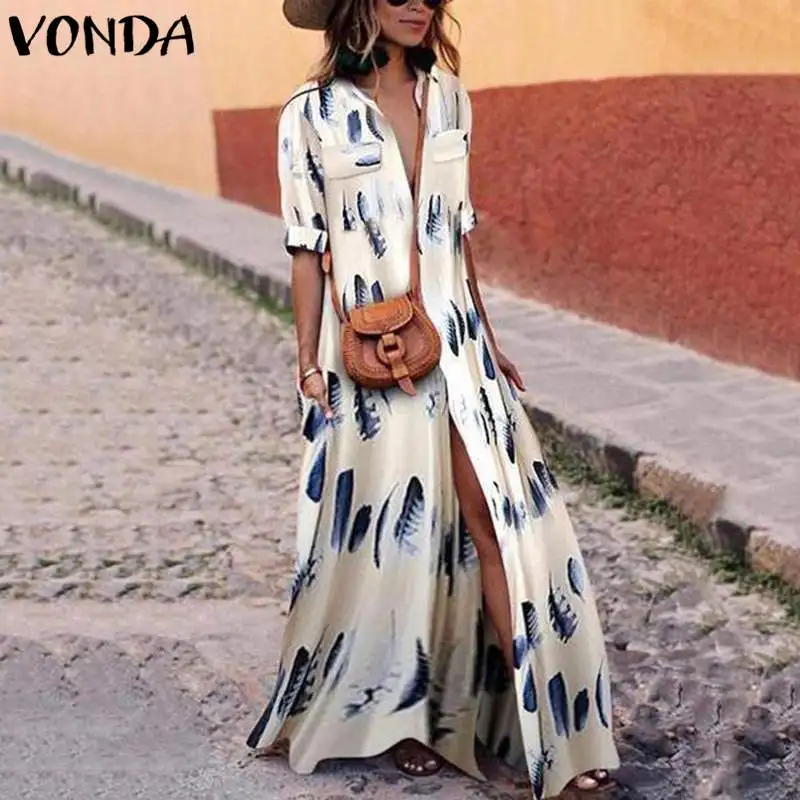 

Women Bohemian Vintage Printed Dress 2019 VONDA Autumn V Neck Long Sleeve Split Maxi Long Party Dresses Sexy Plus Size Vestidos