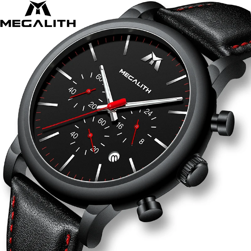 

MEGALITH Fashion Luxury Mens Watches Waterproof Black Leather Strap Sports Quartz Wrist Watches Male Clock Relogio Masculino