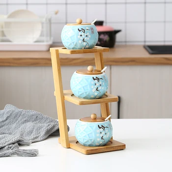 

3/pcs Ceramic Seasoning Jar Bamboo Shelf Kitchen Supplies Household Pepper Salt Glass Jar Seasoning Storage Box
