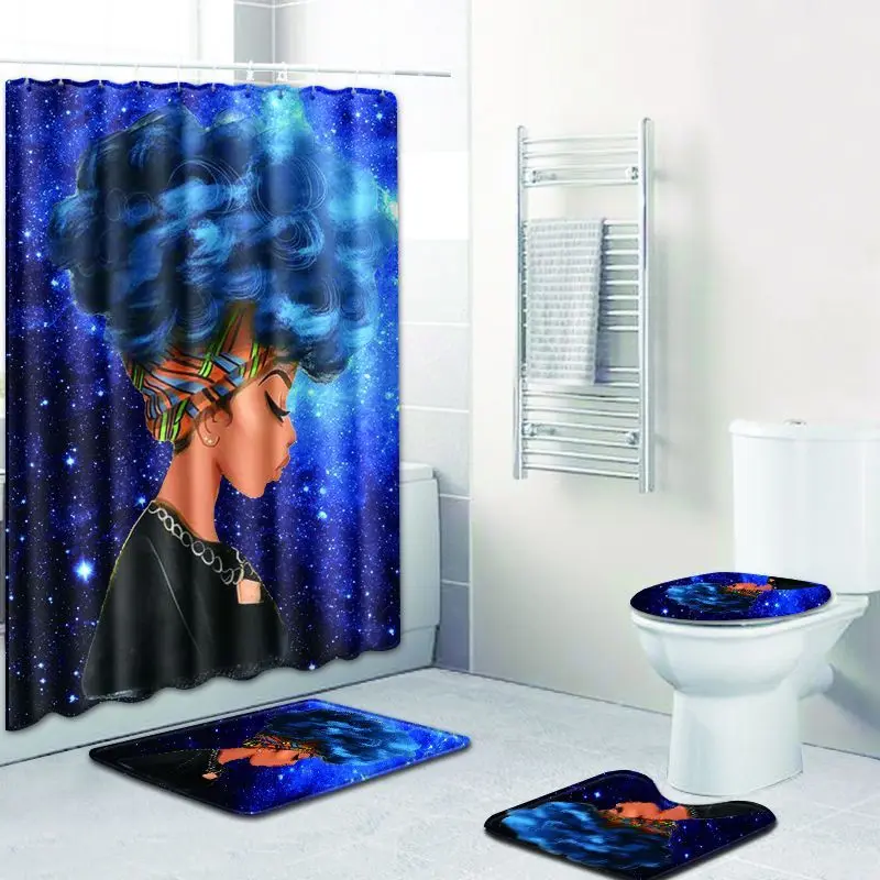 

4Pcs/Set Polyester Fabric African Shower Curtain 3d Girl Non-slip Bath Mat Toilet Pad For Bathroom Carpet Rugs Flannel Bath Mat
