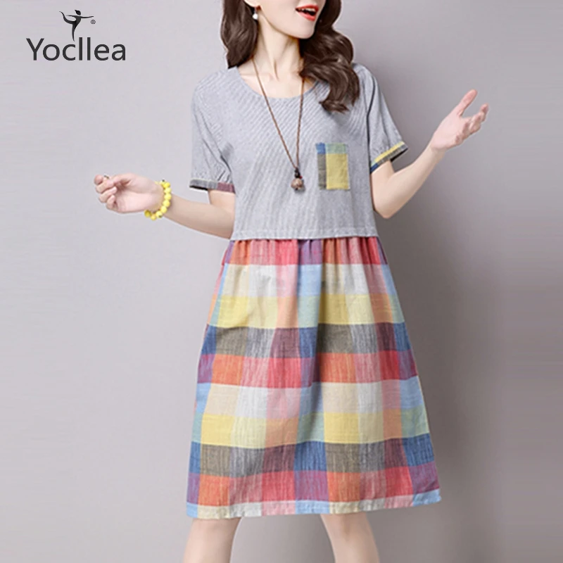 

Zomerjurk dames 2019 Short sleeve Summer dress women Plaid Patchwork Shirts Dress Loose Plus size cotton linen dresses