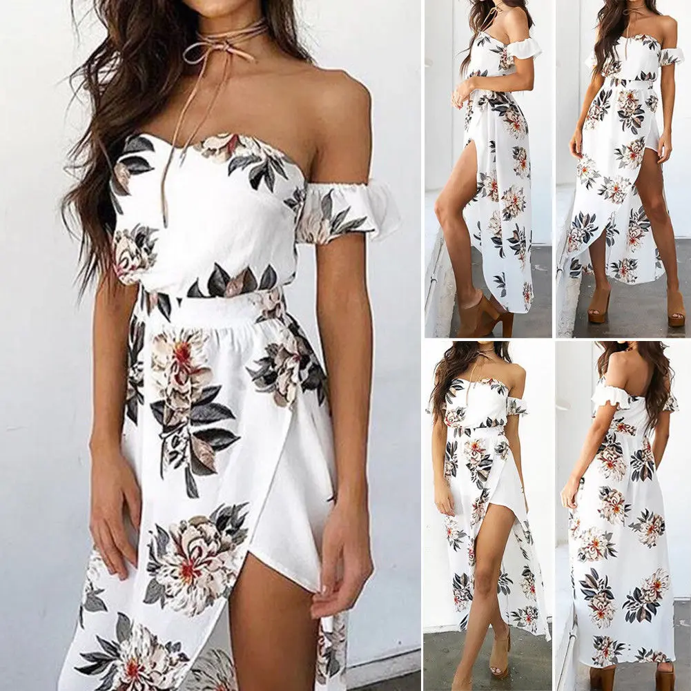 

New Fashion Women Summer Boho Floral Print Short Sleeve Slash Neck Maxi Dress Evening Party Beach Dresses Sundress White