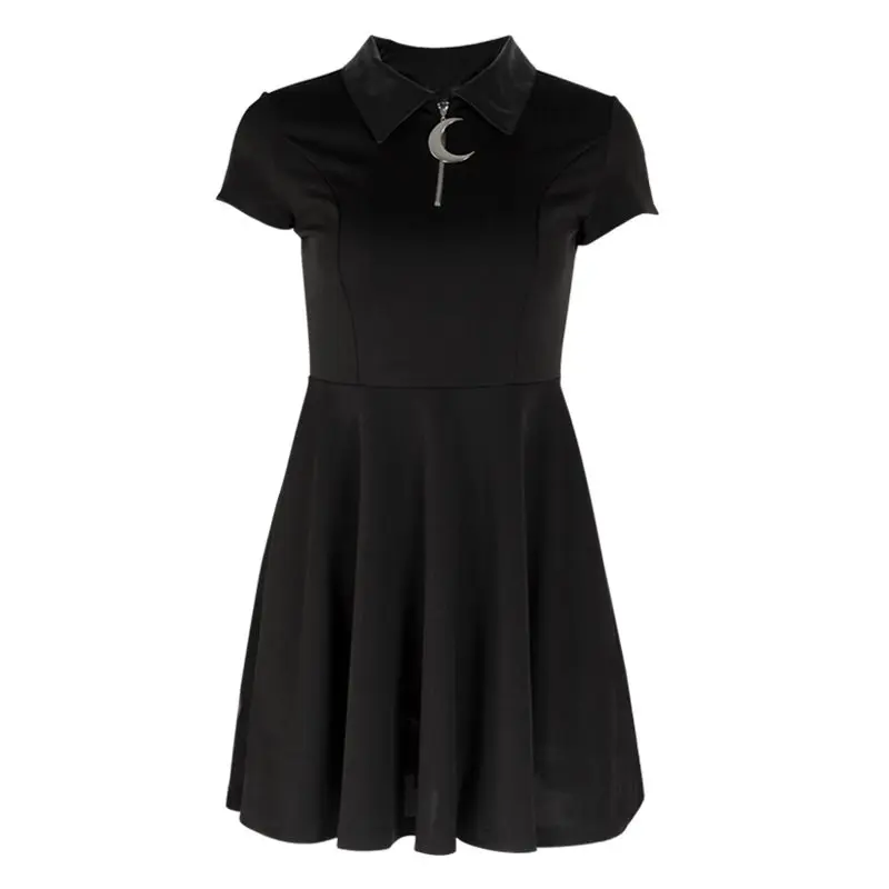 

Rosetic Gothic Mini Dresses Women Black Street Punk Zipper Summer Preppy Style Girl Stylish Goth Pleated Casual Shirt Dresses