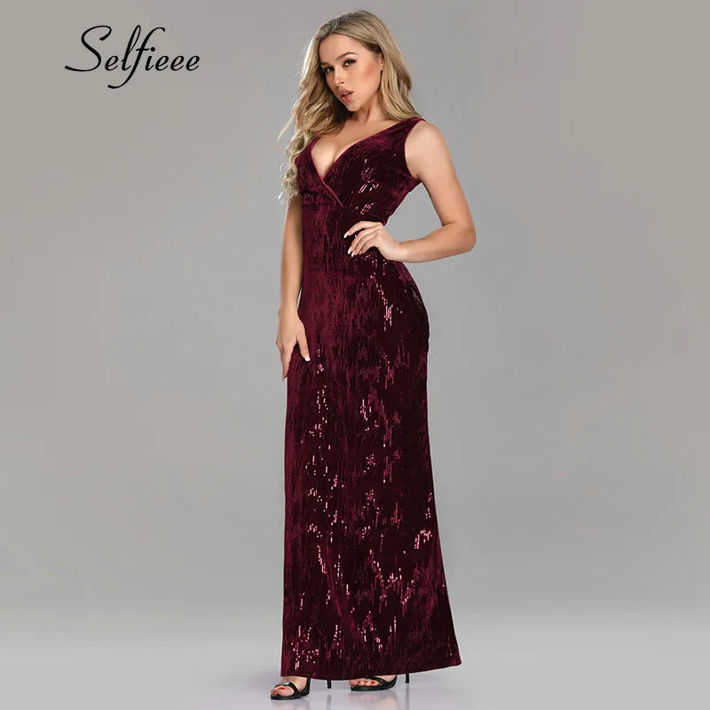 

New Design Sequin Dress Women Sexy Mermaid V Neck Sleeveless Long Dress For Wedding Party For Woman Elegant Vestidos De Fiesta