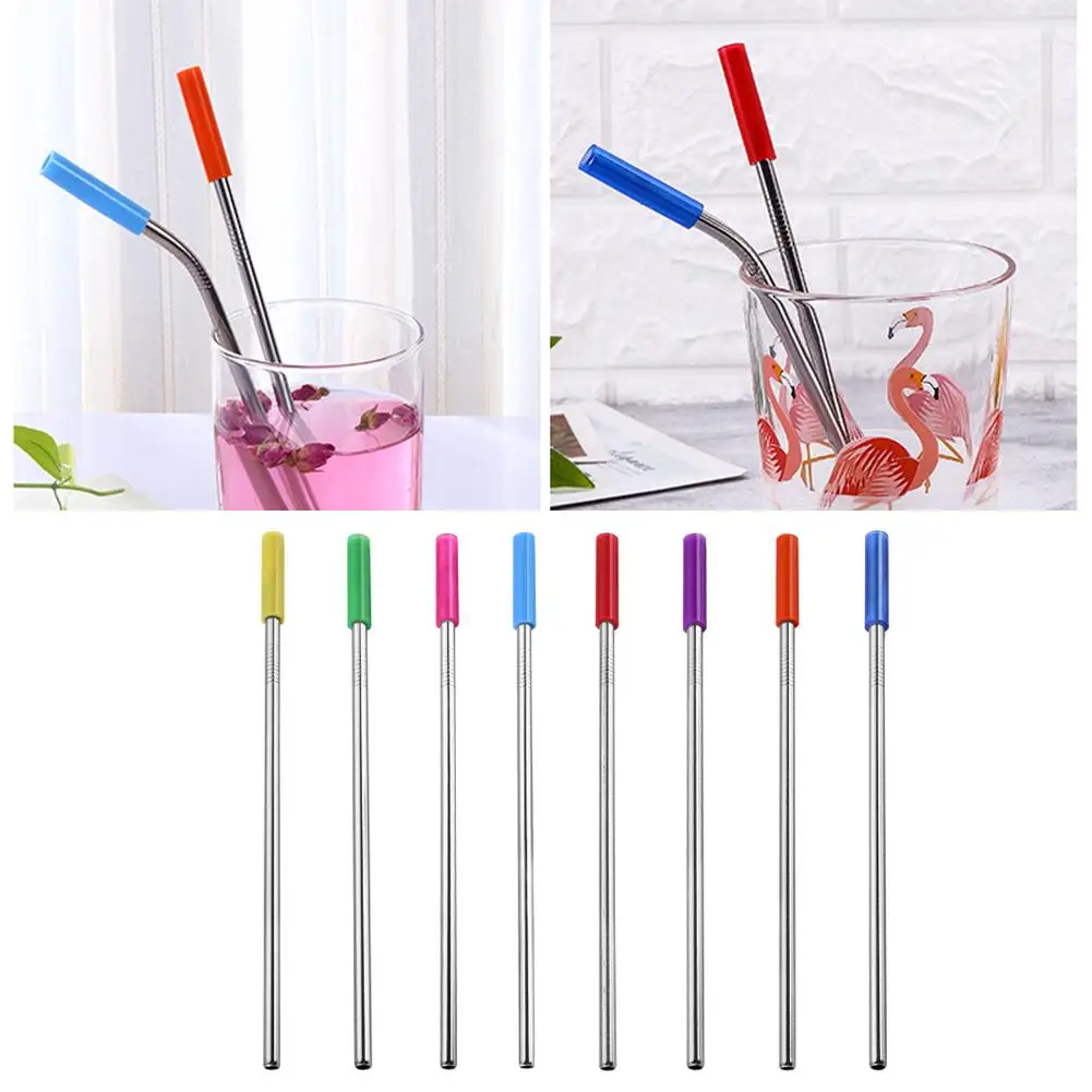 

4Pcs/set Reusable Silicone Tips Cover Stainless Steel Straight Bent Drinking Straws
