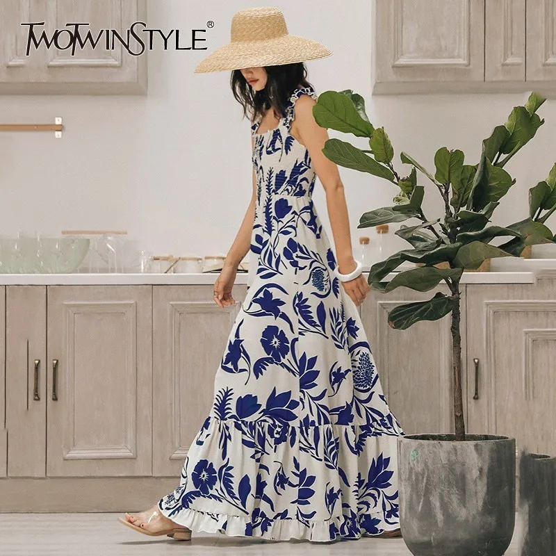

TWOTWINSTYLE Casual Print Women Dress Strap Sleeveless High Waist Slim Ankle Length Dresses Female Elegant 2019 Spring New