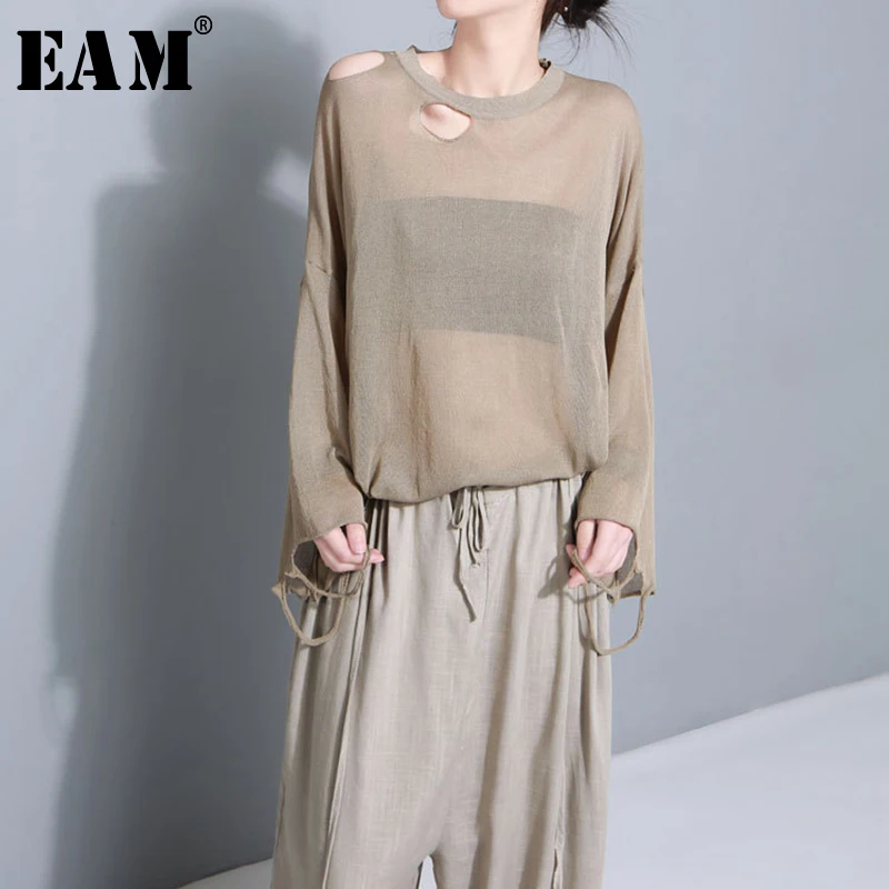 

[EAM] 2019New Spring Summer Round Neck Short Sleeve Perspective hollow out Loose Big Size Knitting T-shirt Women Fashion JG231