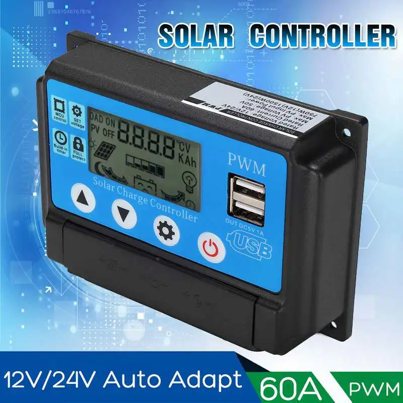 

60A Adjustable Solar Charge Controller Auto Work PWN 12/24V with LCD display Dual USB 5V Output Solar Regulator