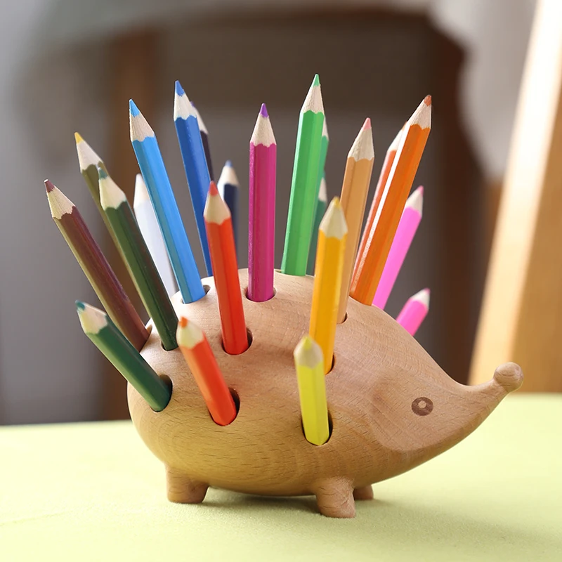 Solid Wood Hedgehog Shaped  Insertion Pen Container, Multi-functional Desk Supplies , Pen Holder With 24 Colors Pencils