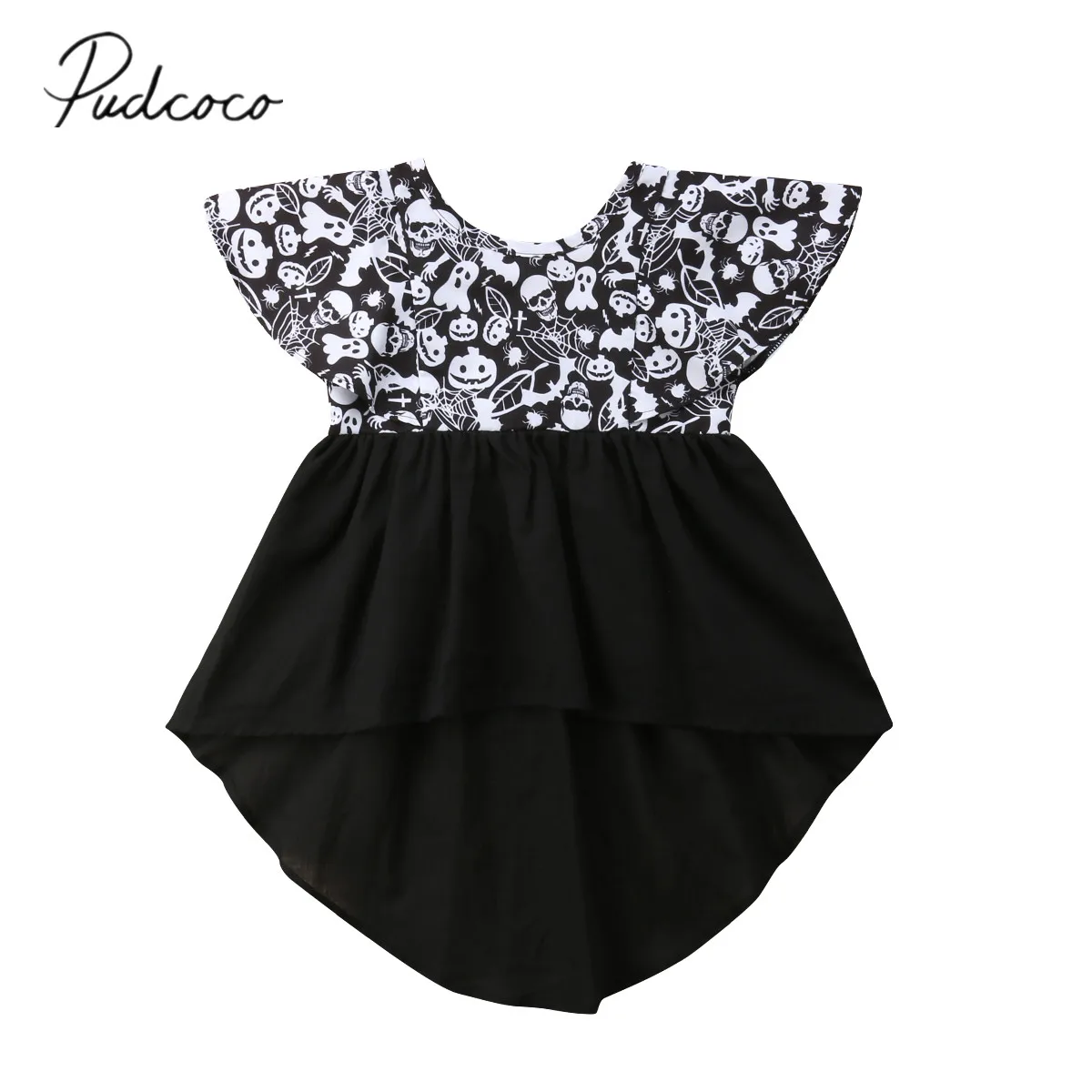 

2018 Brand New Infant Toddler Kid Baby Girl Halloween Dovetail Dresses One-Piece Costumes Skull Pumpkin Ruffled Sleeveless Dress