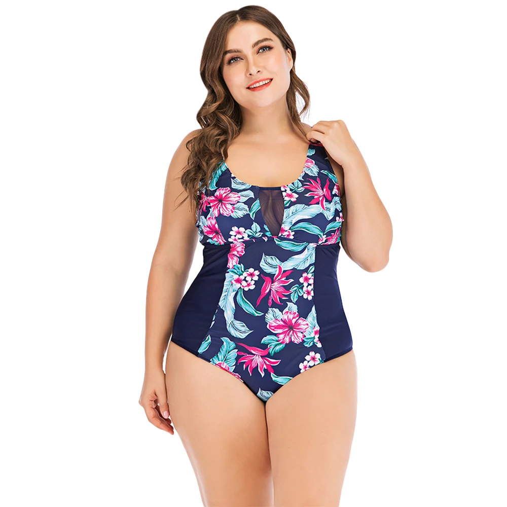 

2019 One Piece Swimsuit Women Floral Swimwear Sexy Push Up Monokini Flower Print Bathing Suit Spliced Mesh Bodysuit Beach Wear