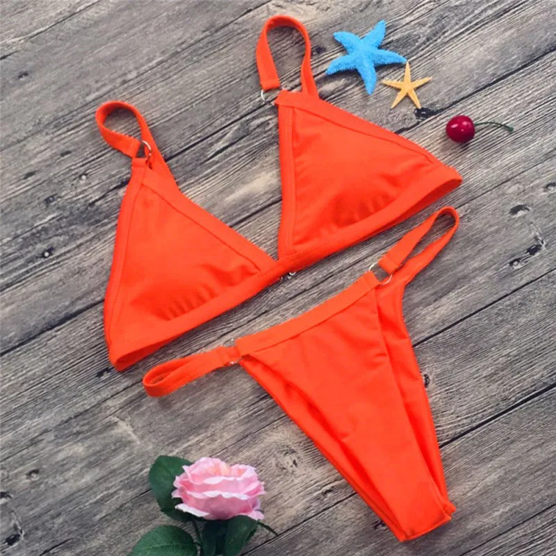 

2019 Solid color biquinis sexy women push-up triangle swimsuits padded bra thong bottom bathing swimming clothes sport beachwear