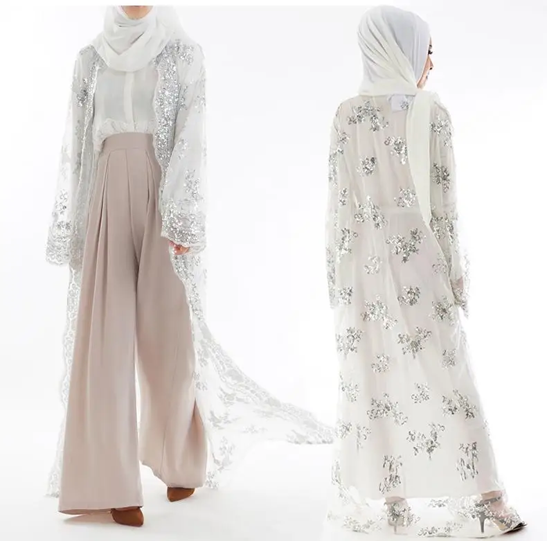 Модный роскошный женский кардиган abaya с блестками, мусульманское длинное платье, блестящее, Дубай, с вышивкой, кружевной кафтан, исламский халат, кимоно, новинка