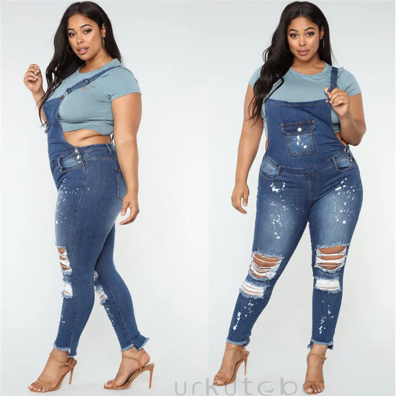 Donne formose Strappato Denim Jeans Tute e Salopette Pieno Lunghezza  Grembiule Complessivo Tuta Salopette Bretella Lunga Distrutto Pantaloni In  Denim _ - AliExpress Mobile