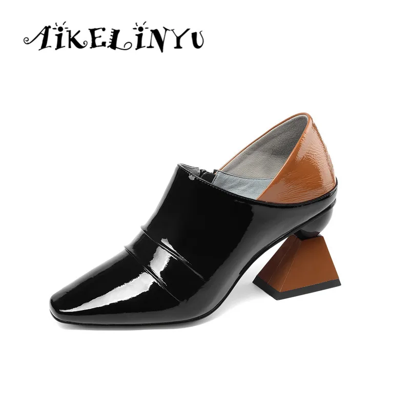 

AIKELINYU 2019 New Top Quality From Genuine Leather Shoes Zipper Fashion Square High Heels Shoes Pumps Pointy Women Simple Shoes