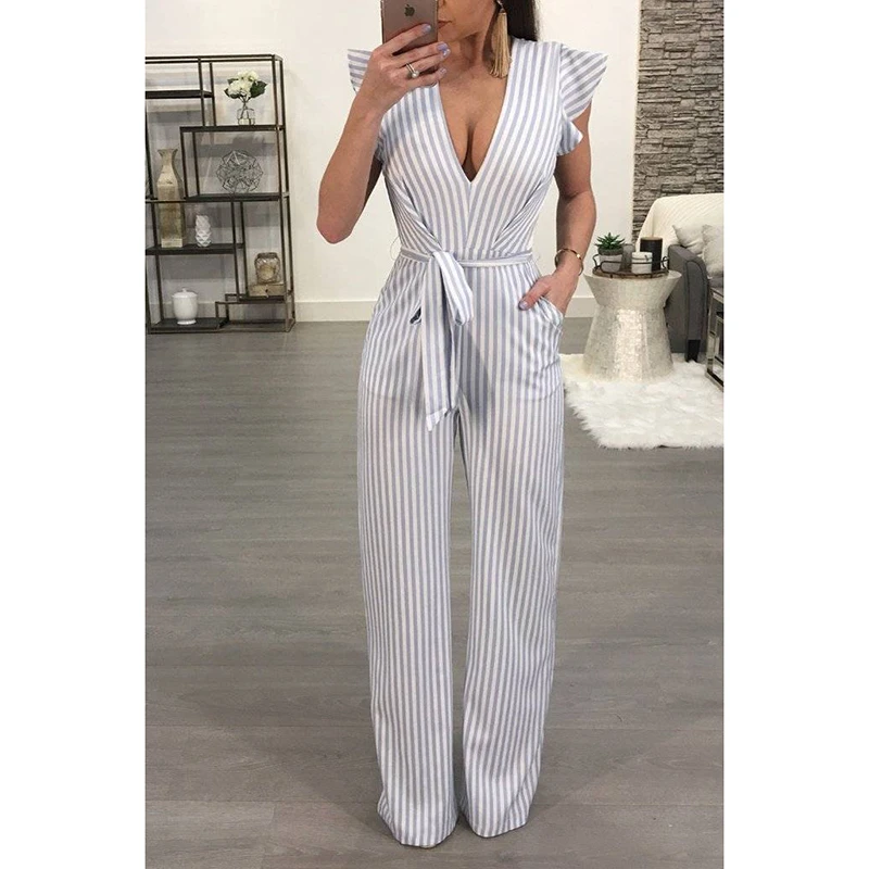 

Europe And America Women 2019 New Arrival Spring Sleeveless Sexy High Waist Jumpsuits Ladies V-Neck Plus Size Pants With Belt