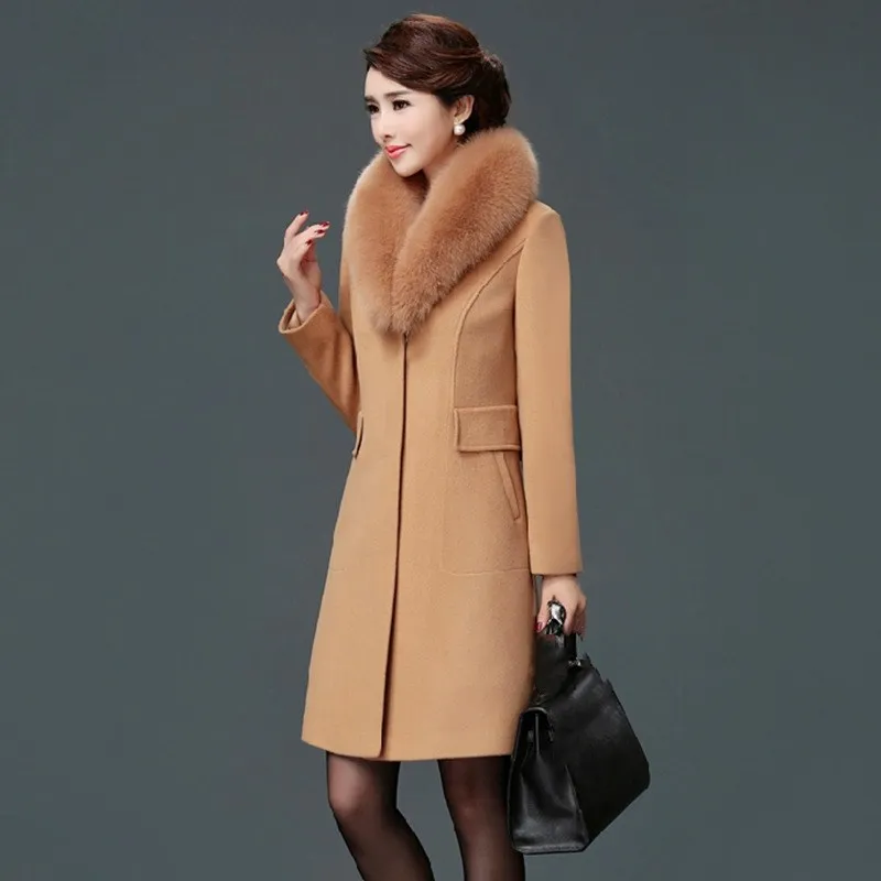 Hot Sale Female Covered Button Long Outerwear Winter Fur Collar Slim Blends Coat Women Long Sleeve Woolen Overcoat Hot Sale Female Covered Button Long Outerwear Winter Fur Collar Slim Blends Coat Women Long Sleeve Woolen Overcoat