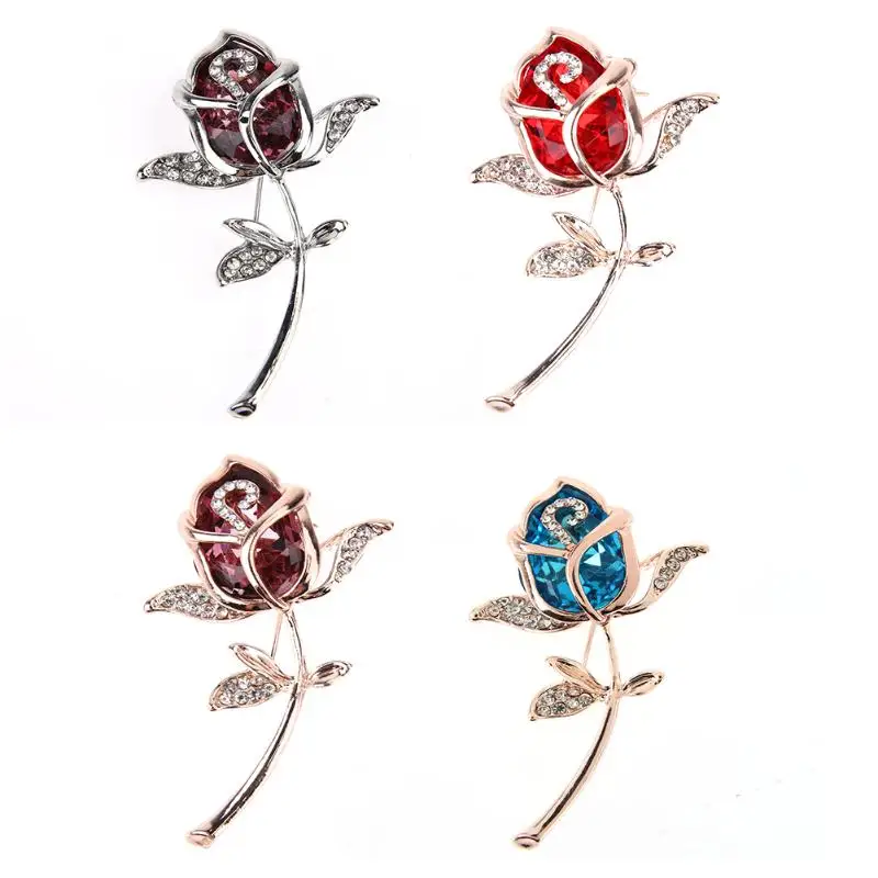 Crystal Rose Flower Brooch Pin  Alloy Rose Gold Brooches Birthday Gift Garment Accessories Brooch Pins Broches Women