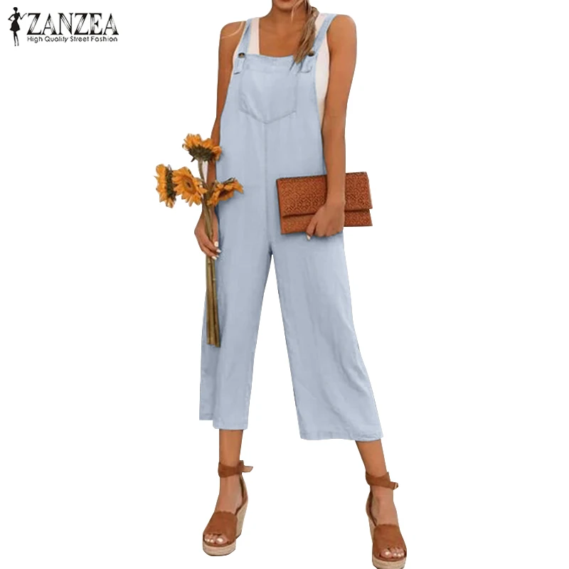 

2019 Summer ZANZEA Rompers Womens Jumpsuit Spaghetti Strap Long Playsuit Solid Suspender Long Pants Jumpsuits Overalls Oversized