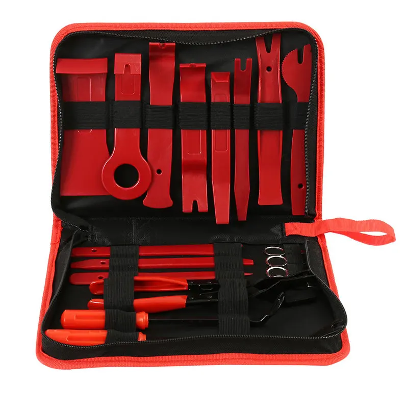 

Red Car Radio Removal Tools Door Dash Panel Audio Stereo Trim Removal Pry Tool Kit 18pcs Clip Pliers with Storage Bag