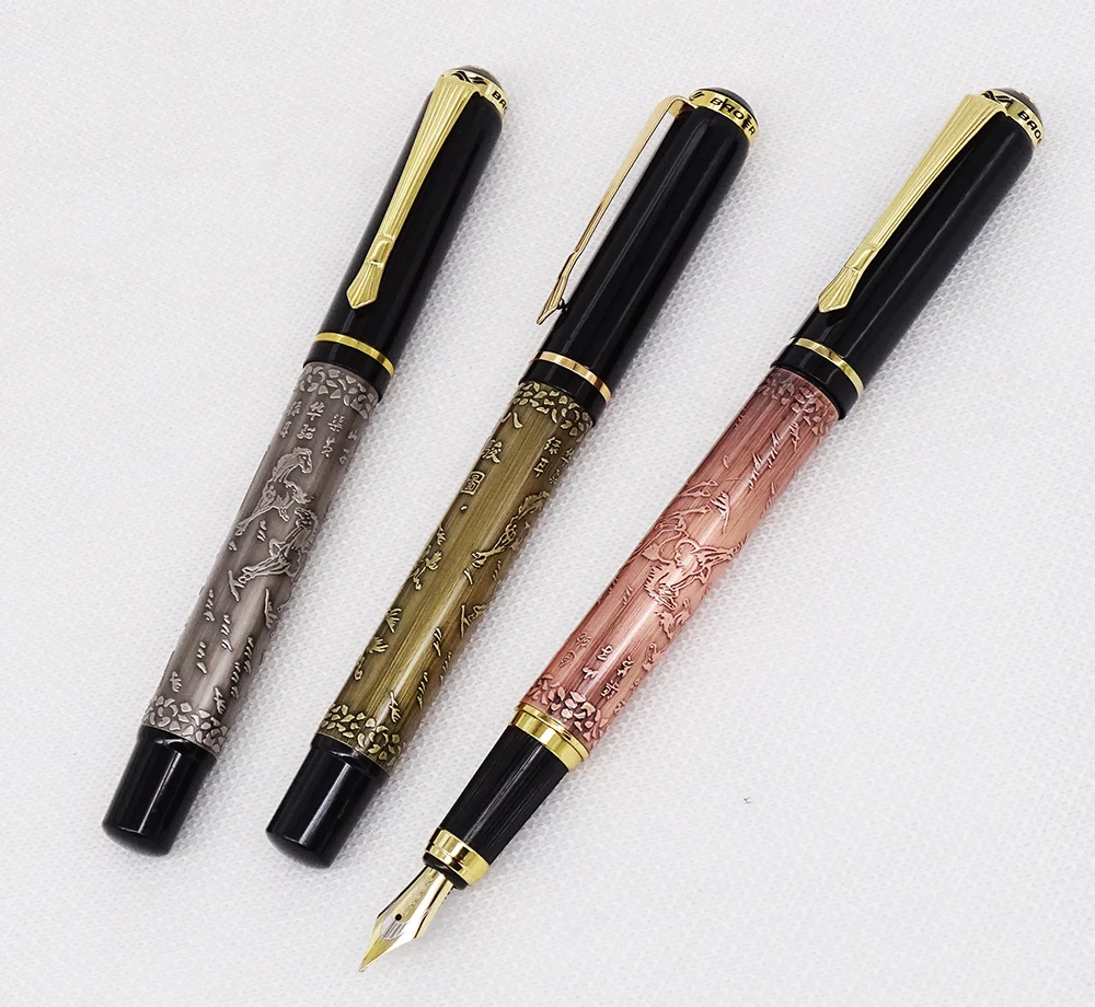 3PCS Baoer 507 Metal Vintage Fountain Pen Running Horses Pattern Bronze/Red Copper/Gray Color Writing Set for Gift Office Home tang poetry song ci copybook wu yusheng xing running regular script copybook adult fountain pen practice copybook writing book