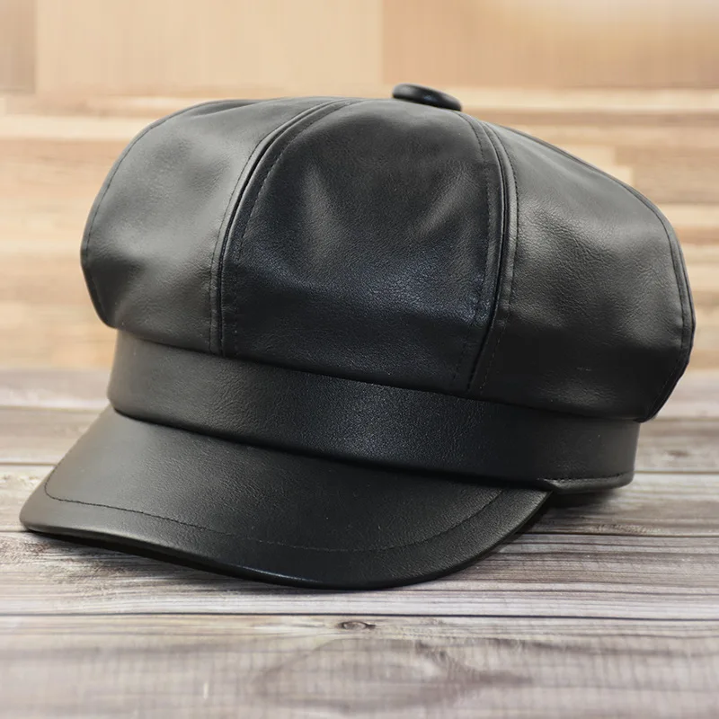 Big Head Man Plus Size PU Octagonal Hat Leather Beret Casual Painter