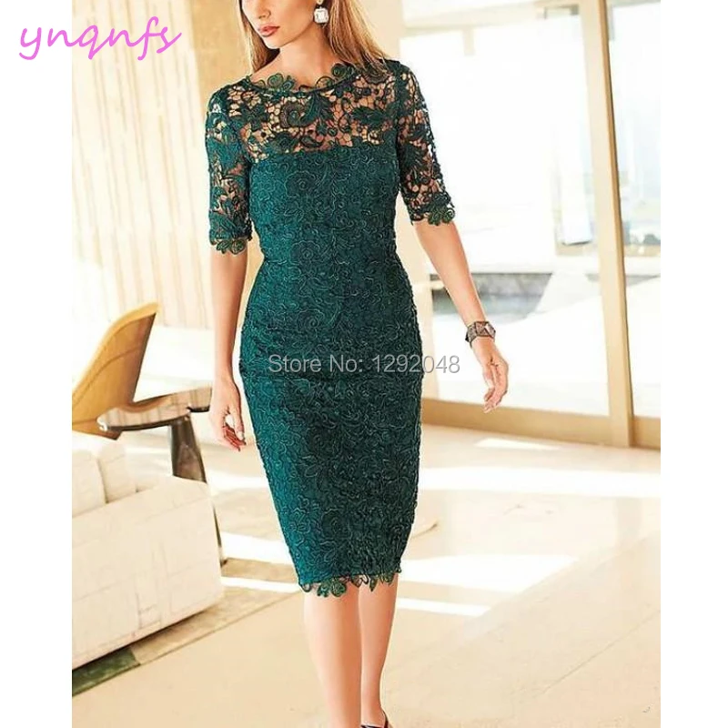 YNQNFS M191 Knee Length Sheath Lace Dress for Wedding Party Guest Wear Emerald Green Mother of the Bride Dresses 2019