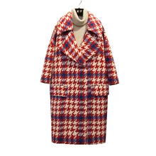 Повседневное Шерстяная Смесь зимнее пальто для женщин уличная Большие размеры теплые длинные женские красный плед верхняя одежда