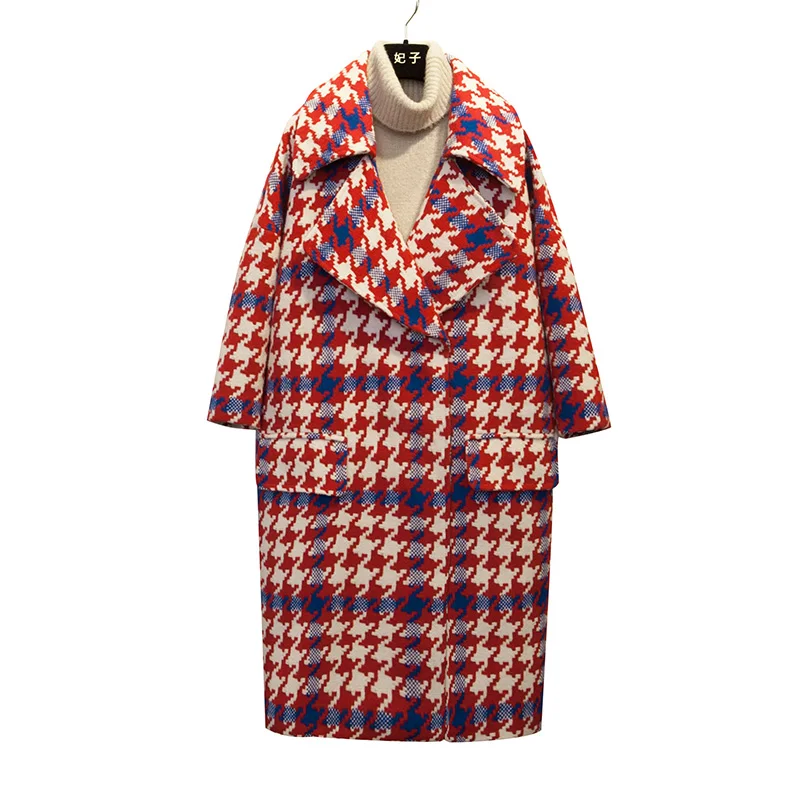 

Casual woolen blend winter coat women streetwear large sizes warm long female Red Plaid outerwear